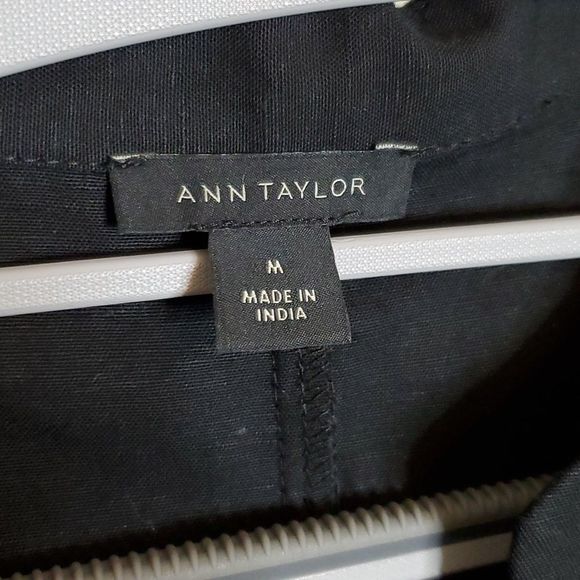 Ann Taylor Medium Black Linen blend Belted Midi Shirtdress Puff Sleeves - Picture 9 of 12